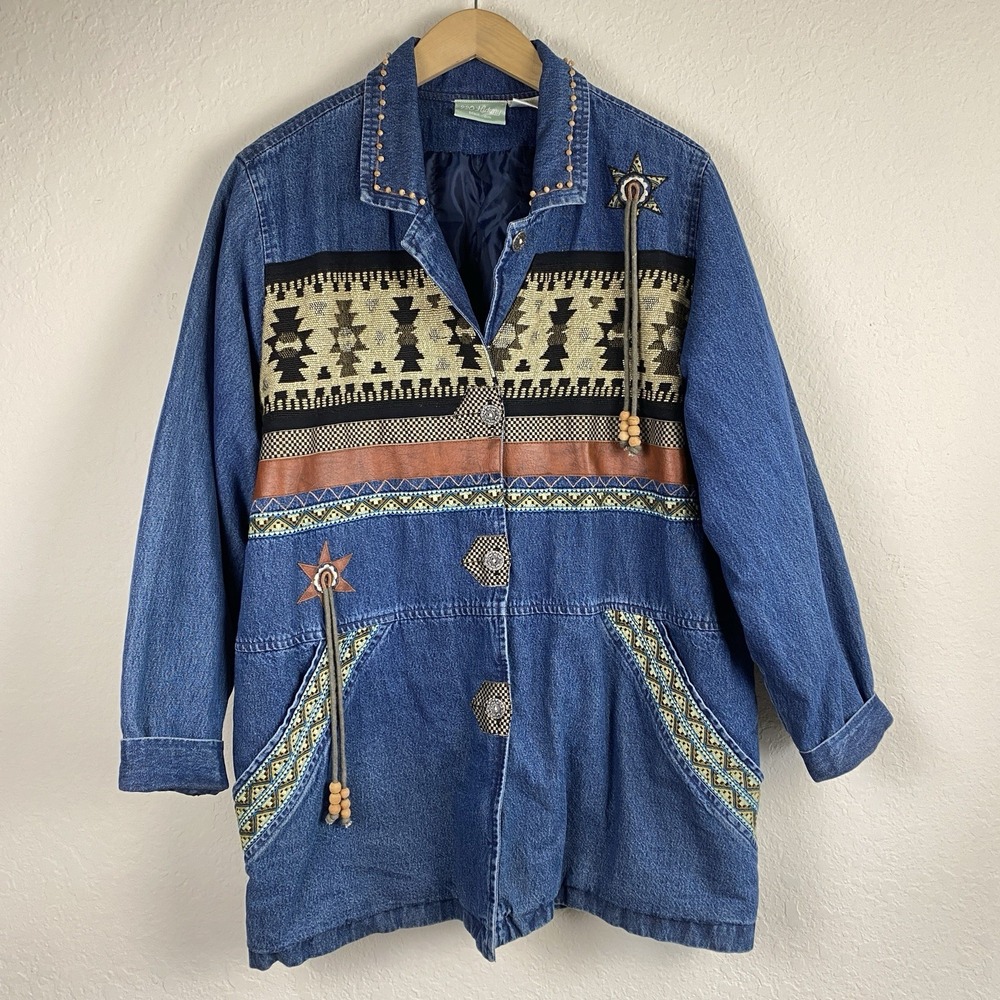 Vintage Womens XL Denim Shirt Jacket Lined Oversized Western Navajo Chore Barn